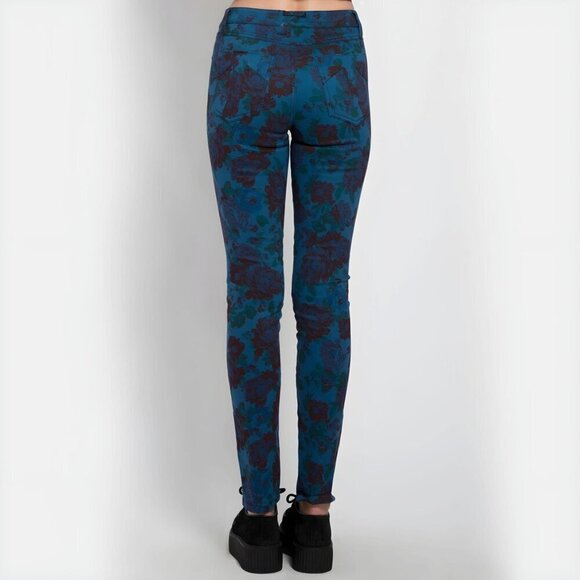 Tripp NYC High-Waisted Skinny Jeans Teal Floral Stretch Twill Alt Garden Goddess - Picture 3 of 5